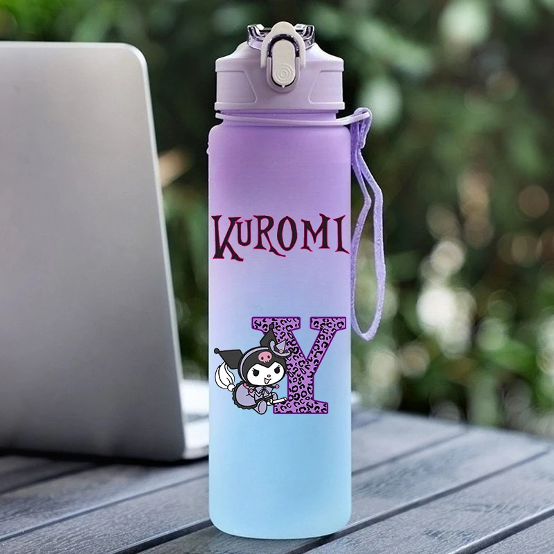 Kuromi Water Bottle with Straw Girl Cute Letter A-Z Travel Sippy Cup Kids Outdoor Sports School 750ml Mug Children Birthday Gift