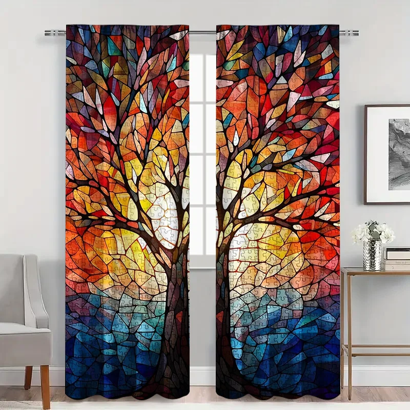 2pcs Stained Glass Forest Curtains with Rod Pocket, Autumn Tree Silhouette Sheer , Artistic Landscape for Cozy Living Room
