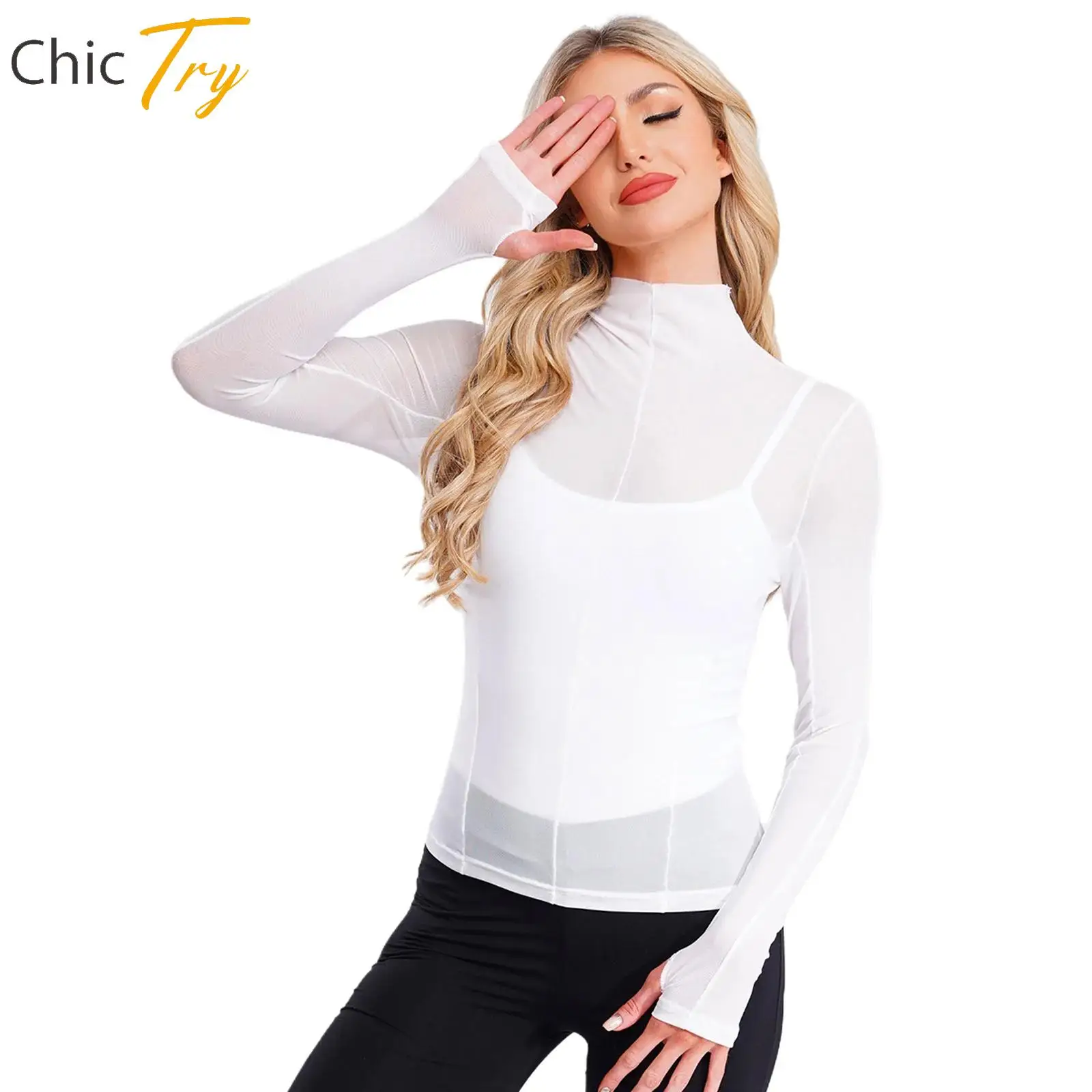 

Sexy Women Yoga Top See-Through Mesh Top Dance Sports Fitness Clothes Long Sleeve T-shirt for Halloween Party Raves Clubwear