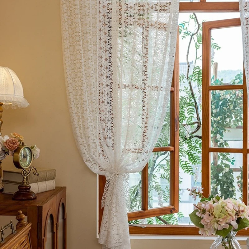 White Cutout Lace Curtains Romantic Vintage Country Flower Embroidery Tulle Sheer Curtains for Living Room, Bedroom Window Decor