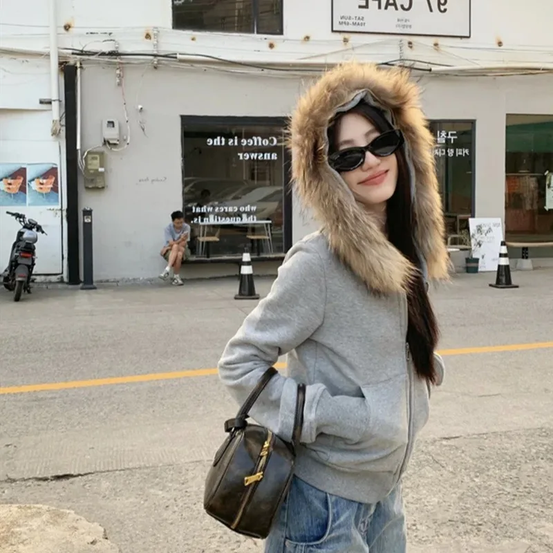 

Y2K Zip Up Hoodie Faux Fur Collar Harajuku Rock Goth Top Retro Punk Jacket Hip Hop Streetwear Detachable Fur Collar Sweatshirt
