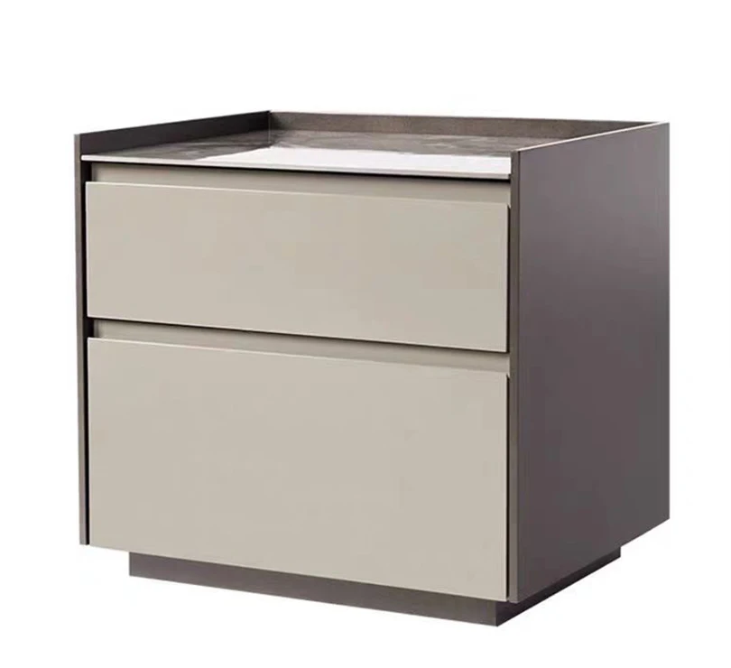 #Italian Design Elegant Wooden Frame Rock Plate Bedside Table Two Layers Drawers Nightstand for Hotel Villa Apartment Bedroom