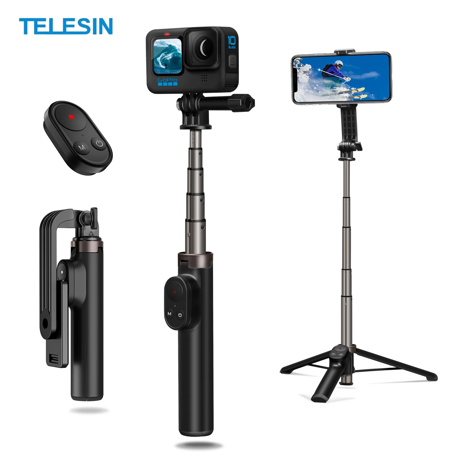 

TELESIN Remote Control Selfie Stick Tripod Bluetooth for GoPro Hero 13 12 11 10 9 8 7 Celephone Wireless Control Selfie Stick