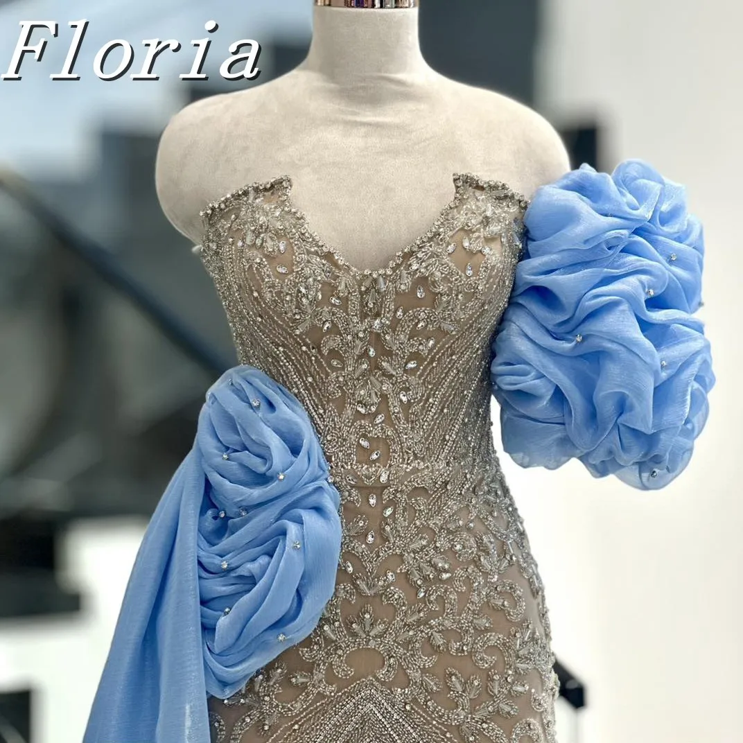 

Fashion Arabic Dubai Light Blue Mermaid Evening Party Dress Elegant V-Neck Beading Long Gala Dresses With Handmade Floral
