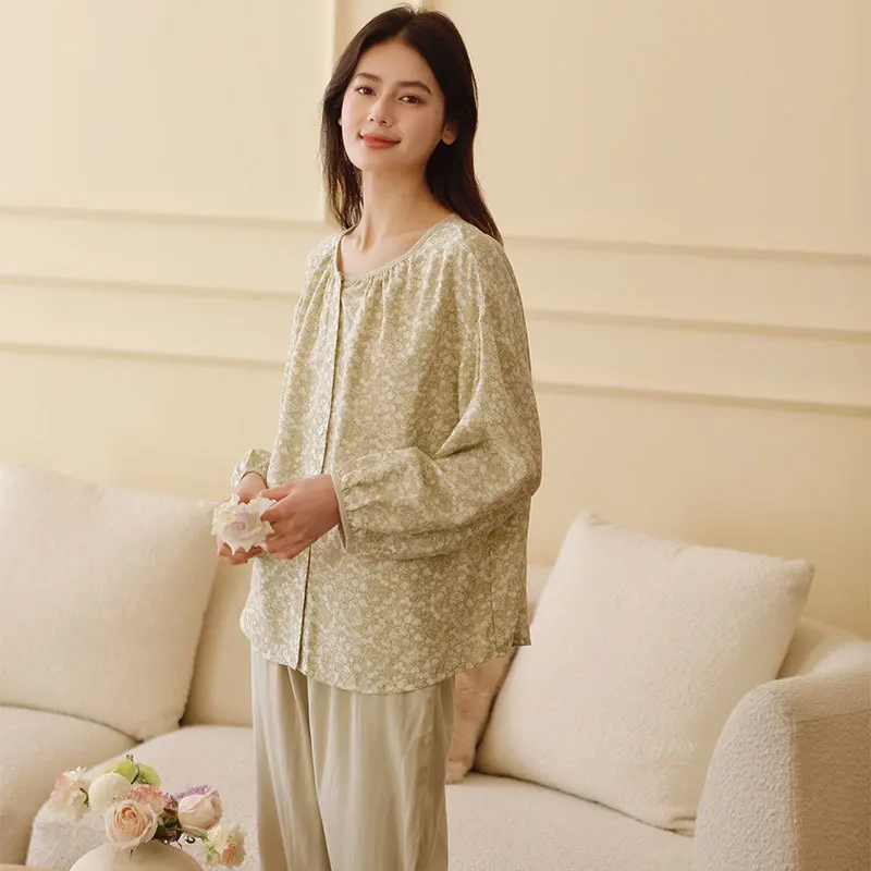 2025 Cotton Bamboo Fiber Double-layer Gauze Loungewear Loose and Fresh Print Long-sleeved Trousers Pajamas for Women 2 Piece Set