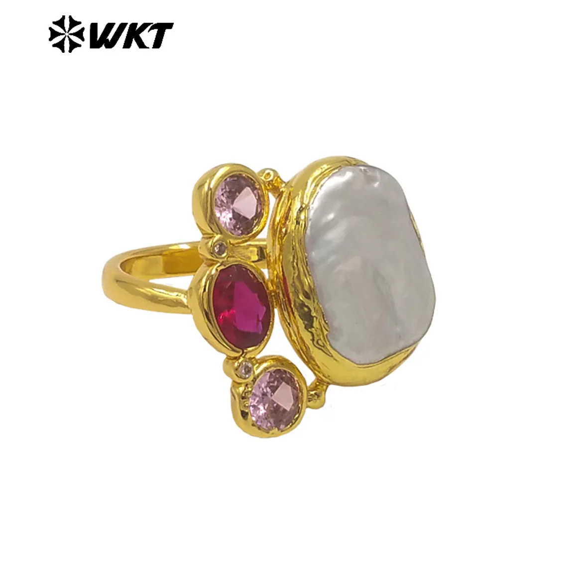 WT-MR043 Newest Design Gold Plated Natural Pearl Ring With Multi Colors Cubic Zircon Square Shape Wholesale Women Jewelry