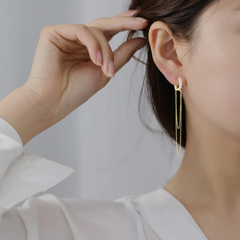 ﻿ 925 Sterling Silver Double Layer Long Tassel Chain Hoop Earring Luxury Zircon Ear Buckle for Women Fine Jewelry Wedding Gift