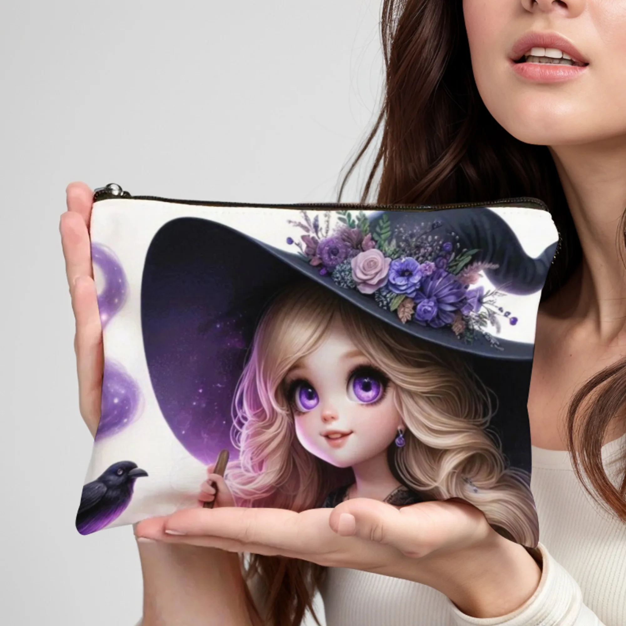 Purple Witch Girl Makeup Bag Lightweight Portable Cosmetic Case with Zipper Closure Ideal for Women Birthday Christmas Gifts