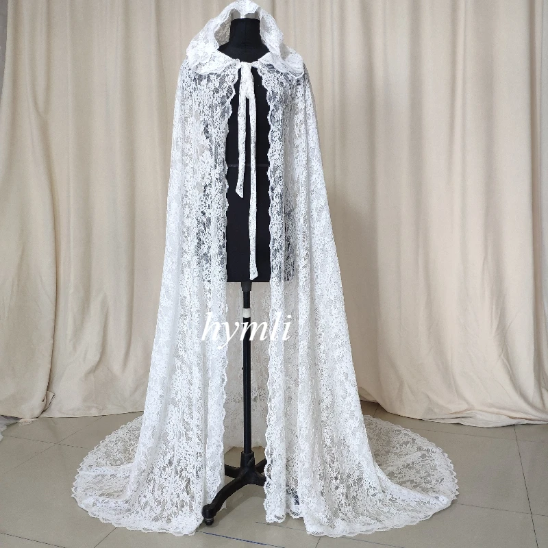 Ivory Hooded Lace Bridal Cape Wedding Cloak , Front Tie Detail A Fusion of Romance and Elegance