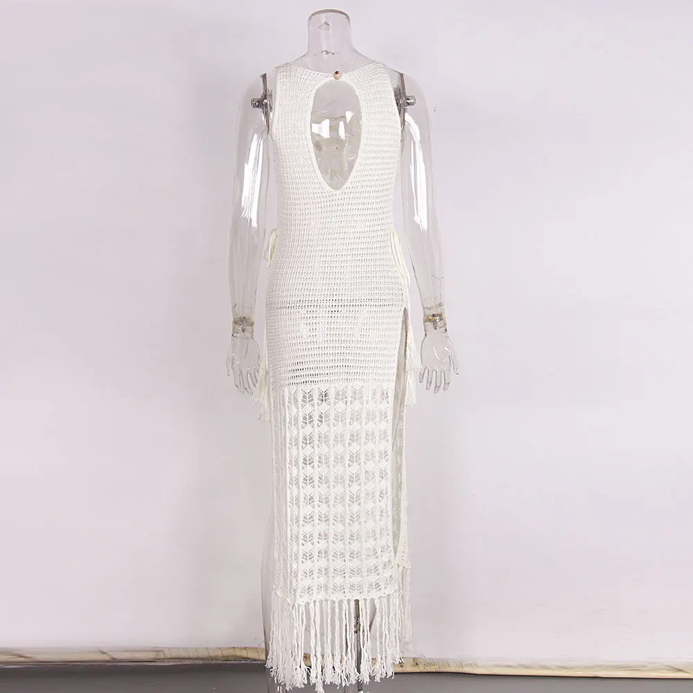 Woman Bikini Cover Up See-through Bathing Suit Women White Crochet Dress Tassels Beach Cover-ups Holiday 2024 Trend Swimwear