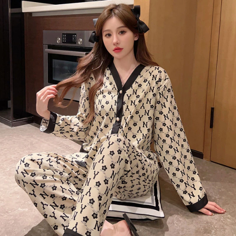 2024 Autumn New Ice Silk Women\'s Pajamas Two Pieces Sets Long Sleeve Pants Sleepwear Fashion Cute Letter Print Female Homewear