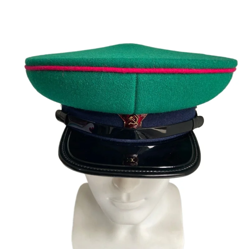WW2 Soviet NKVD Peaked Cap Russian Officer Hat Green Top USSR Militar Uniform Hat with Badge for Cosplay Collection Prop