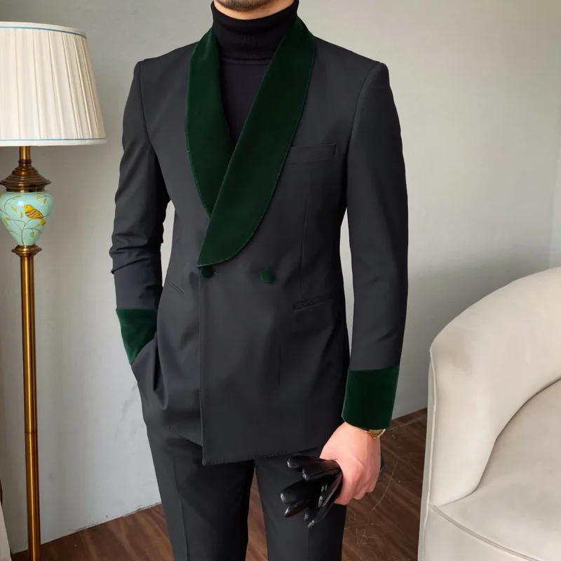 

Shawl Collar Formal Dress Velvet Splicing Suit Two Piece Wedding Party Suit Groom Banquet Suit Slim Costume Homme Mariage