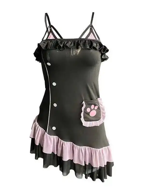 Sexy Sweet Desire Little Maid Uniform Tempting COS Pure Desire Cat Girlfriend Dress Elegant Sweet Women Mini Dress Tops ARH8
