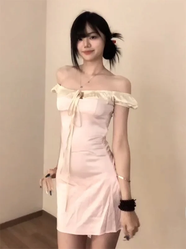 Vestido Corto Sexy Estilo Francés para Mujer, Verano, Escote Bajo, Lazo en la Cintura, Falda Ajustada, Bloques de Color, Cuel...