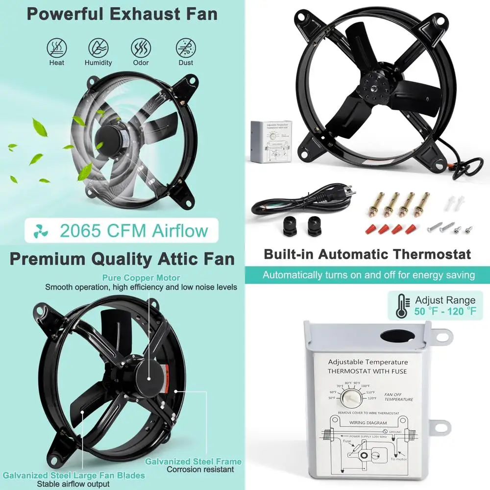 

16-дюймовый регулируемый термостат, чердачный вытяжной вентилятор, мощность 2050 куб. футов в минуту, 1480 об/мин для навесов, гаражей, теплиц