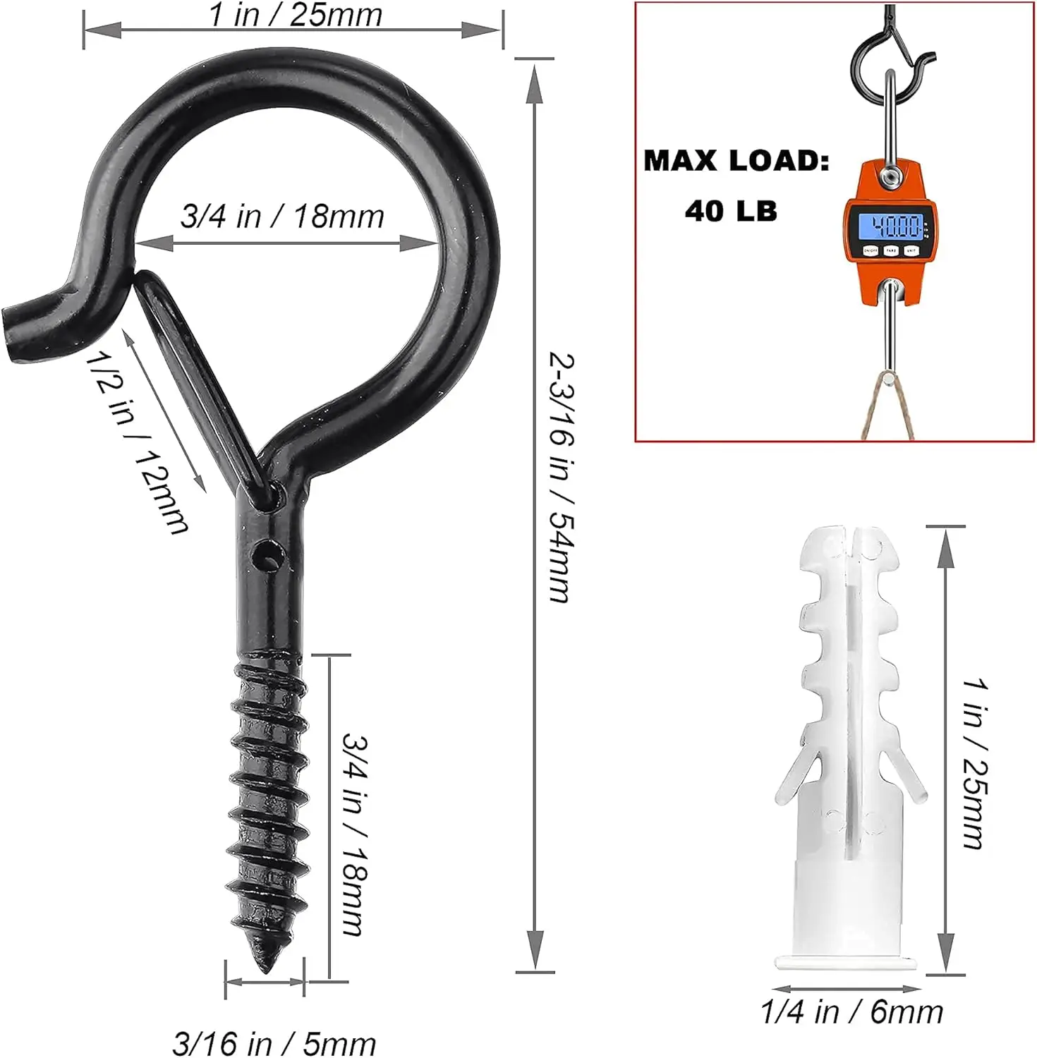 10/20 Pack Screw Hooks for Hanging Plants / String Lights, Heavy Duty 2.2 Inch Black Eye Hook Screw Cup Ceiling Hook Q-Hanger view 3