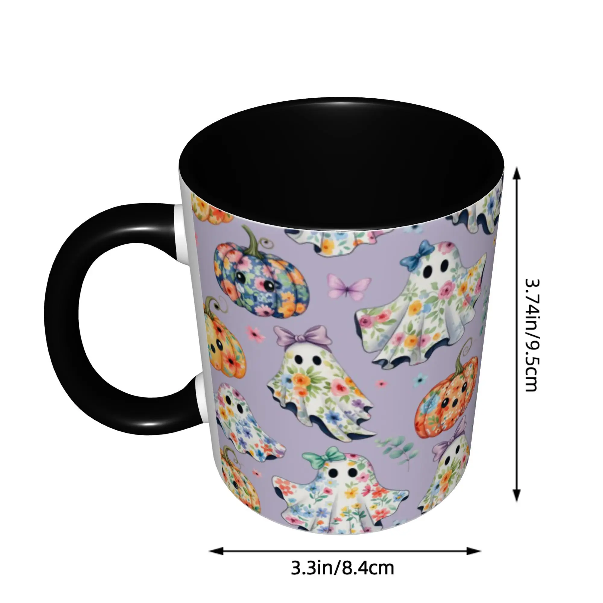 1pc 11Oz Cute Floral Ghost And Pumpkin for Halloween Coffee Mug - Lavender Background with Butterfly Design (); Perfect Gift for Halloween Lovers, Friends, Birthdays, Christmas, And Thanksgiving
