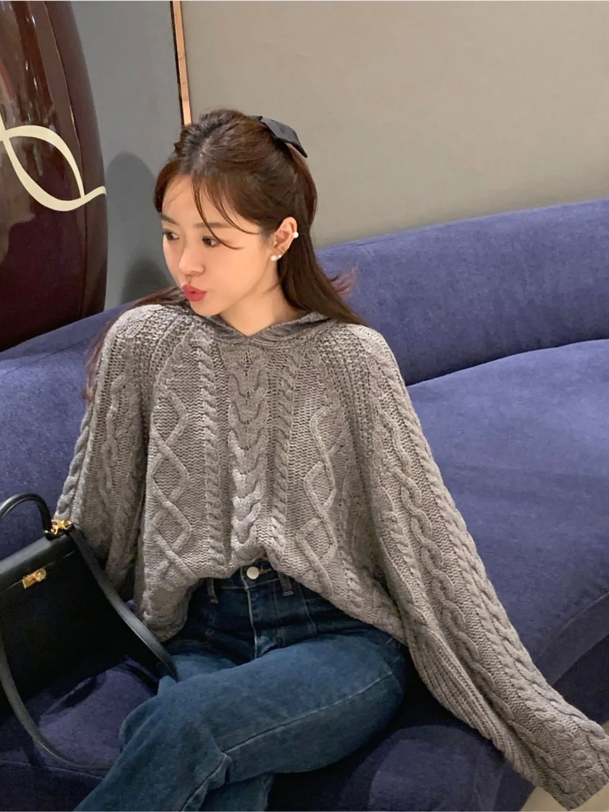 Chic Autumn Winter Loose Casual Small Size Long Sve Knitted Sweater Women's Comfortable Lazy Sle Hat Knitted Sweater