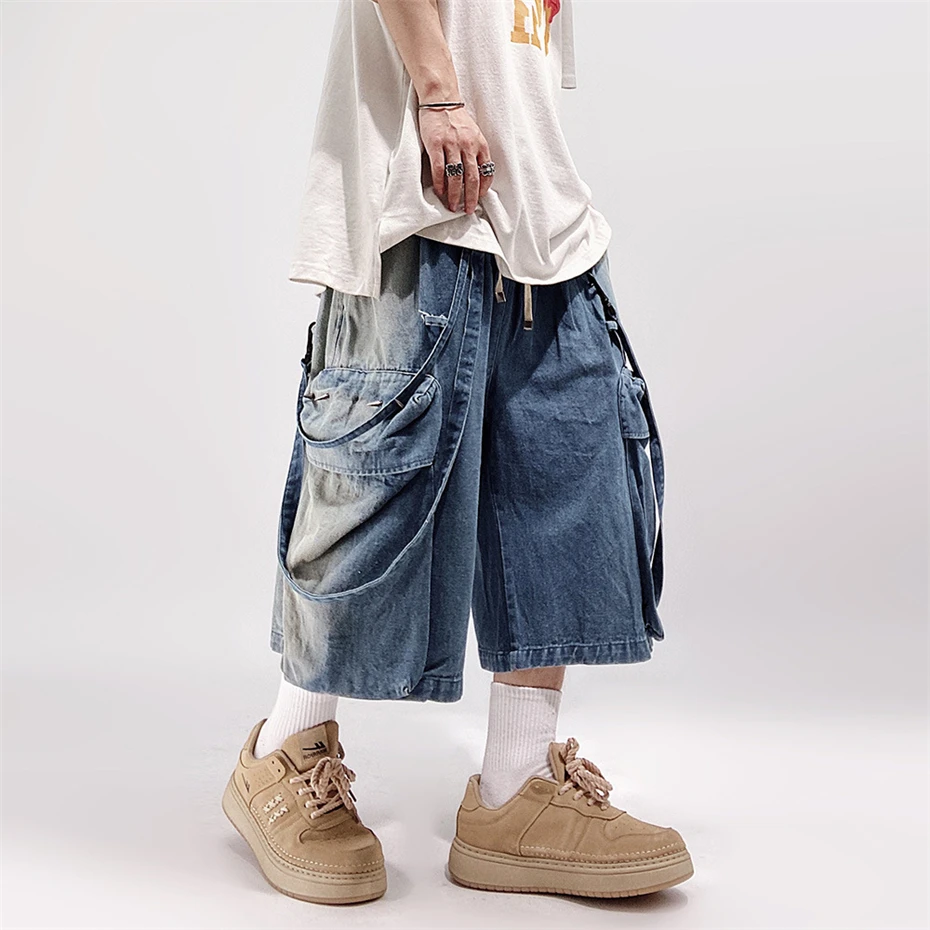 Vintage Denim Shorts Men Summer Y2k Hip Hop Straight Casual Shorts Rivet Design Streetwear Harajuku Blue Knee Length Pants