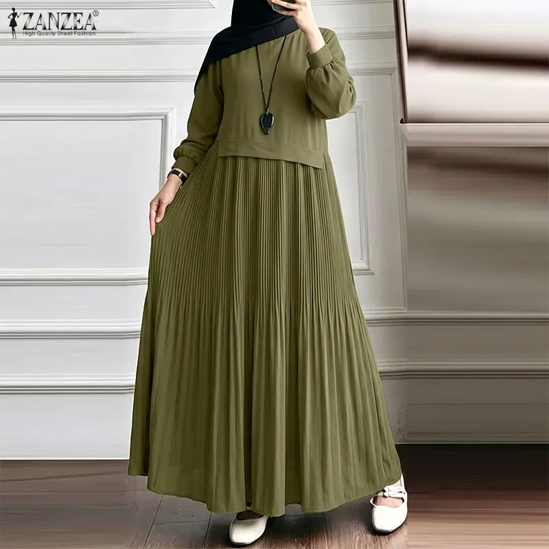 ZANZEA Damen Bescheidenes Plissee-Maxikleid O-Ausschnitt Langarm Patchwork Lose Abaya Roben Muslimische Islamische Hijab-Kleidung Ramadan Eid Kaftan