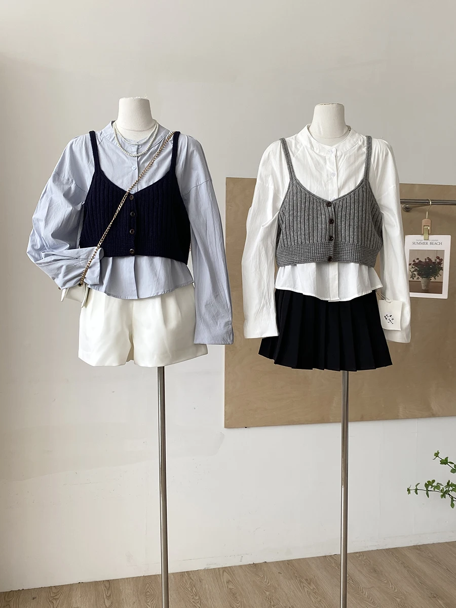

Autumn 2025 Style Korean Version Vest Strap Loose Long Sleeve Shirt Set Versatile Casual Slimming Women's Fashion Set