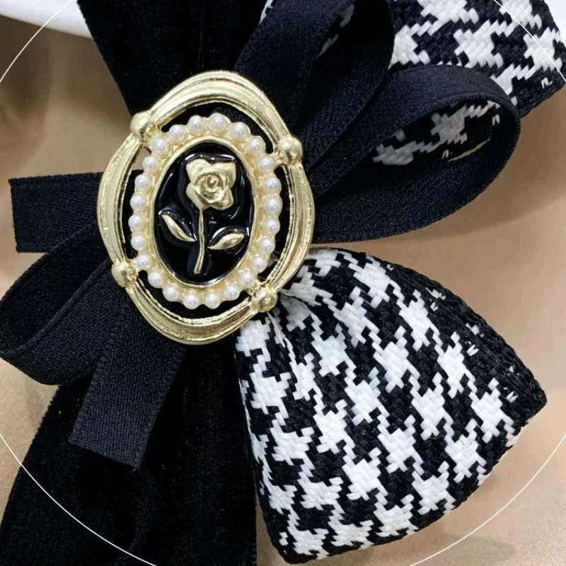 Korean Vintage Houndstooth Bow Banana Vertical  Hair Clip Butterfly Knot Flower Hairclip for Women Elegant Jewelry Accessories