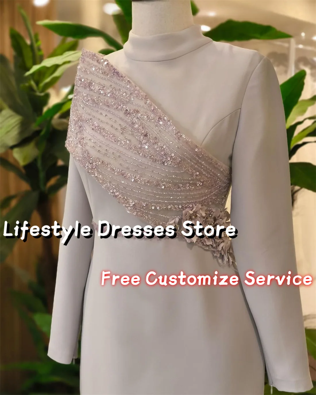 

Half High Neck Long Sleeve Sequin Tulle Prom Dresses Ruched Flowers Party Gown Noble Evening Dress 2024 Mother Of Bride Dress