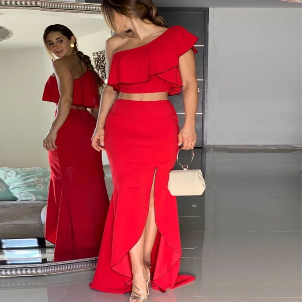 

One Shoulder Red Prom Dress Mermaid Homecoming Dress Robe De Split Formal Party Vestido Graduation Dress