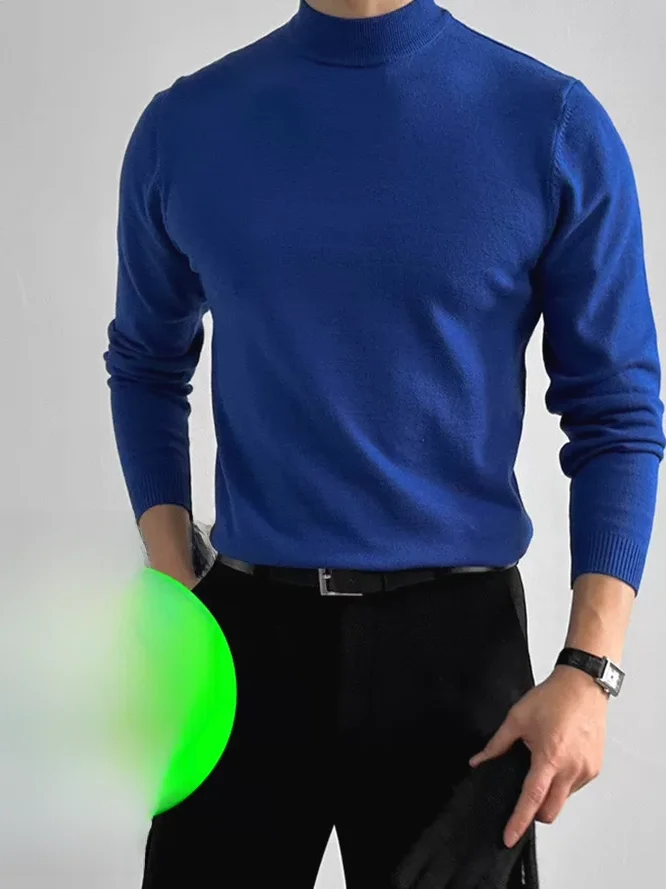 

Мужской синий вязаный свитер с высоким воротником, облегающий, с завышенной талией, длинными рукавами, из модала и шерсти