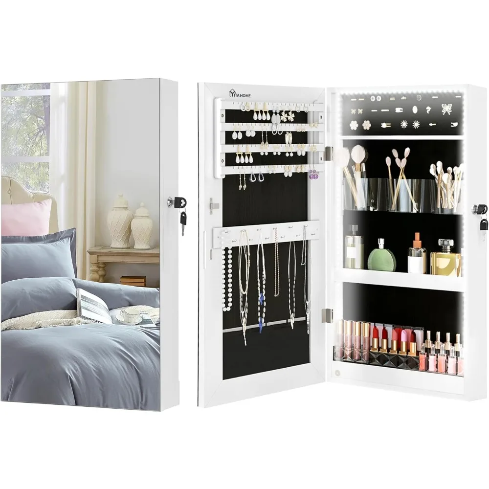 

Jewelry Cabinet Wall Mounted with LED Lights/Over Door Small Jewelry Armoire with Mirror Space Saving Lockable Jewelry