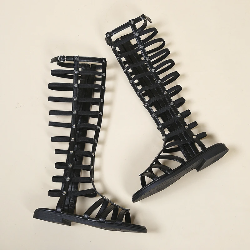 

High Tube Sandals 2025 Summer Korean Version New Long Tube Woven Simple Hollow-Out One-Strap Sandals Roman Shoes