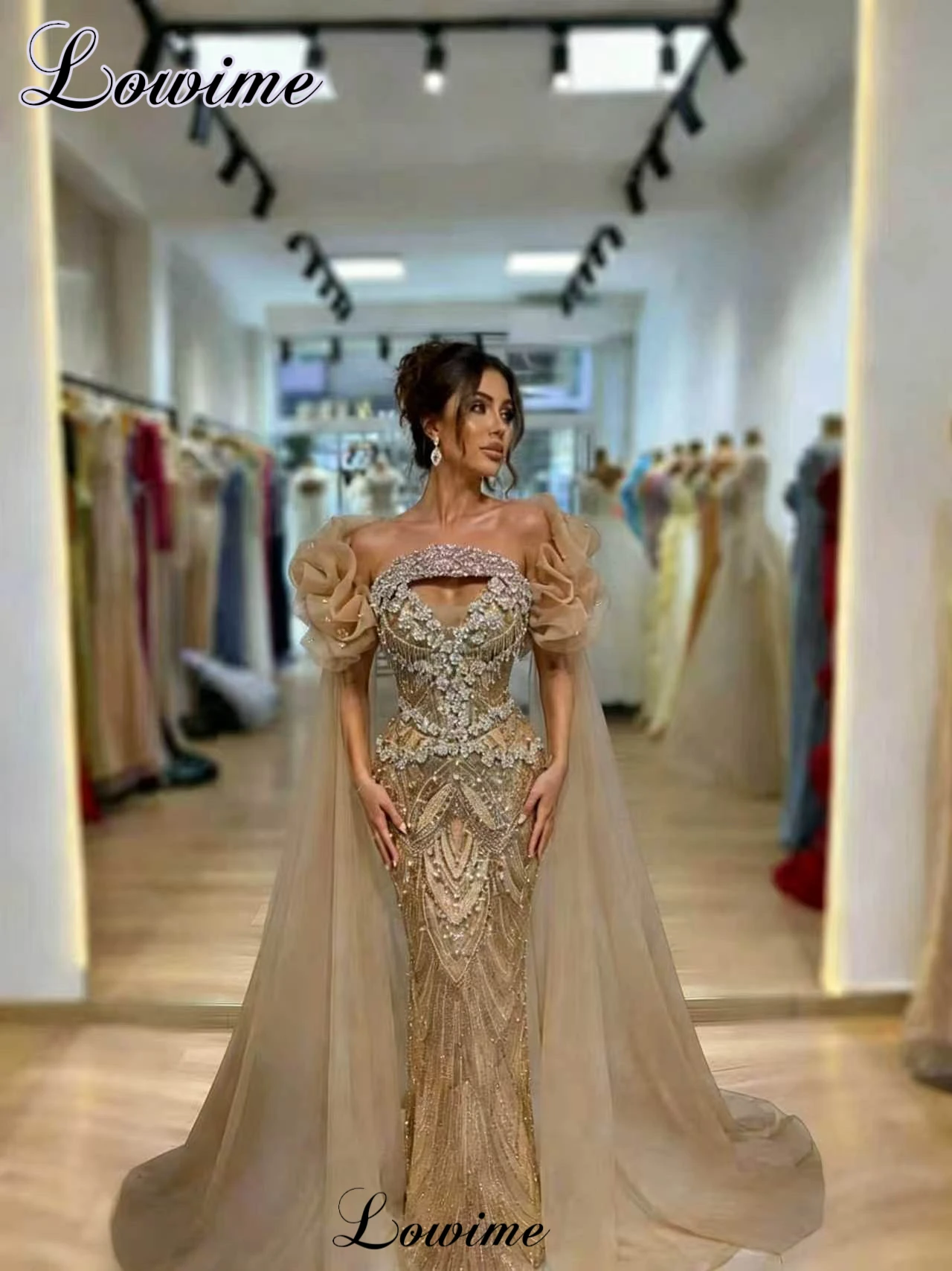 Newest Champagne Crystals Celebrity Dresses Mermaid Strapless Off Shoulder Evening Dresses Elegant Vestidos De Gala Customized