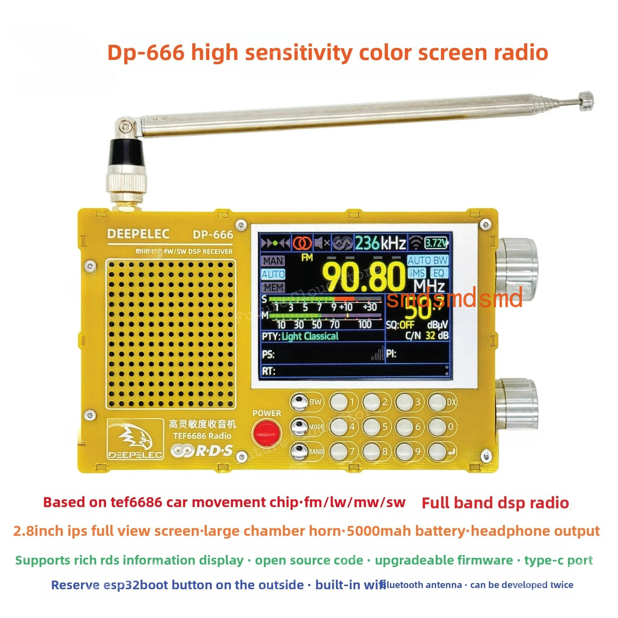 TEF6686 DSP Radio DP-666 High Sensitivity Full Band FM AM FM Shortwave 2.8 inches 320x240 Resolution 3.7V/5000mAh
