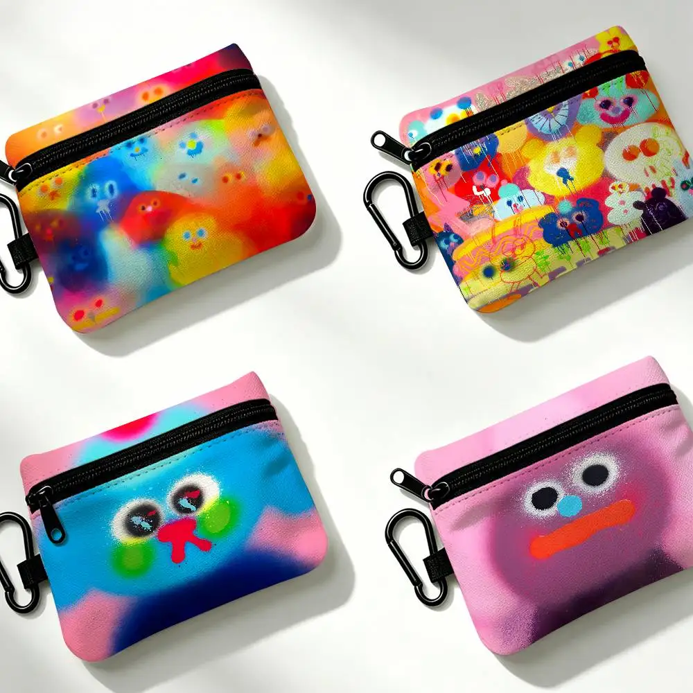 Trendy Graffiti Art J-Jon B-Burgerman Portable Oxford Cloth Coin Purse Alloy Carabiner Hook Small Zipper Pouch