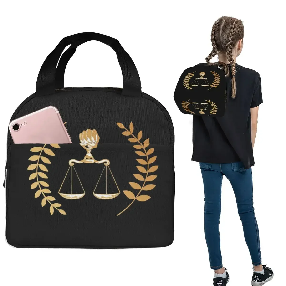 Gold Scales Of Justice Law Logo Lawyer Legal Party Insulated Lunch Bag for Women Children Food Boxes Thermal Lunch Box Tote