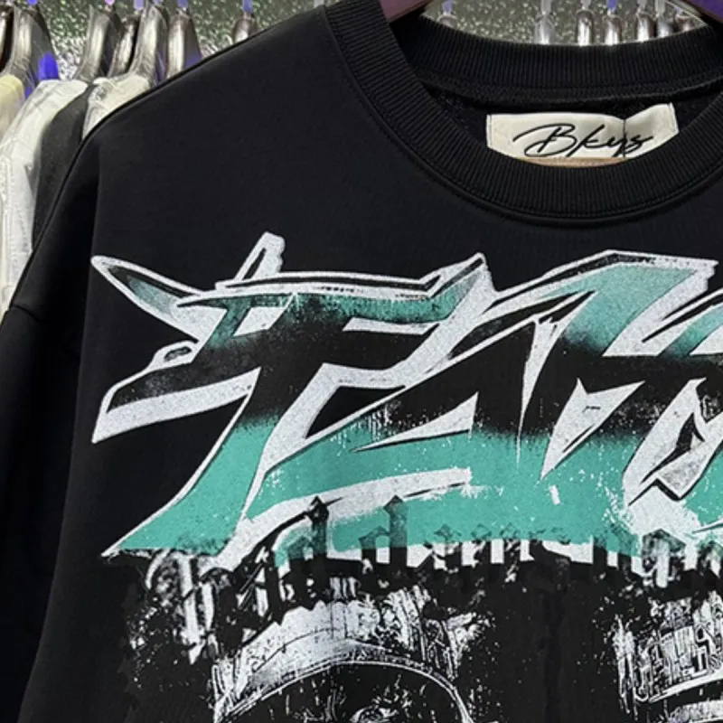 NO.66 Graffiti Retro Washed Fading Letter Printed Ghost Face Joker Skull Cotton BKYS Tshirts Summer Street Cropped Tee Outfit