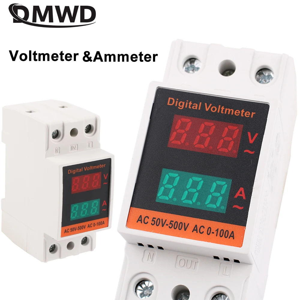 Din Rail AC Voltmeter Ammeter LCD Dual Digital  Electricity Meter AC60-500V AC1-99.9A Volt Amp Monitor Energy Meter 35mm