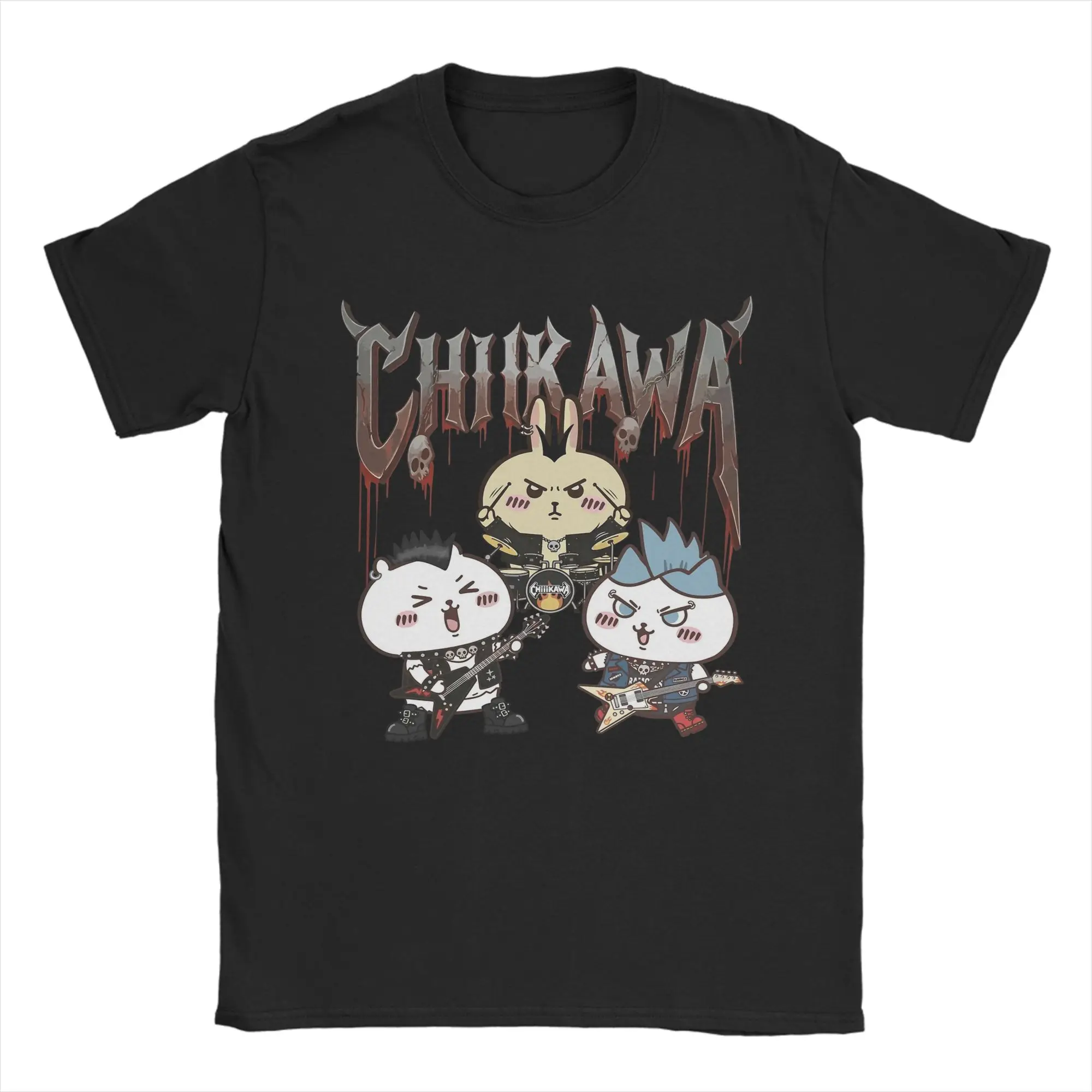 Chiikawas Rock Band T-Shirt for Men Women Kids Vintage Cotton Tees Round Neck Short Sleeve T Shirts Gift Clothing