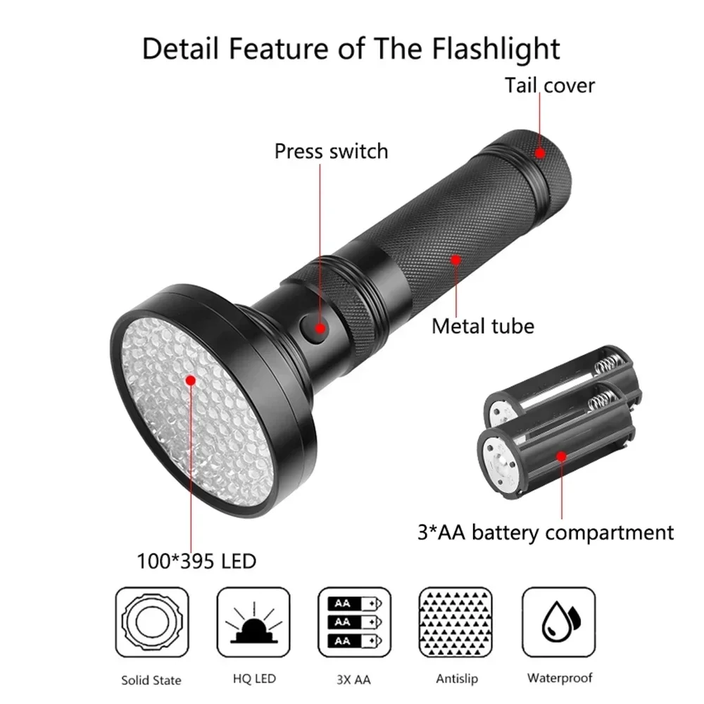 Portable UV Flashlight 395nm Black Light Pocket Dogs Urine Detector Handheld UV Torch for Dry Stains and Scorpion Hunting