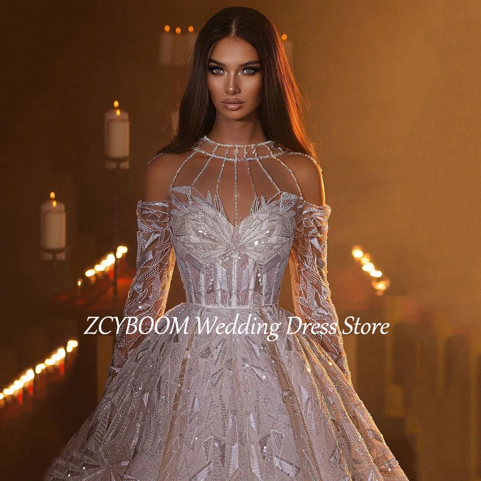 Robe de Mariée à Paillettes Personnalisée, Col Rond, Longueur au Sol A-ligne, Traîne de Balayage, avec Fermeture Éclair, pour Patients, 2025