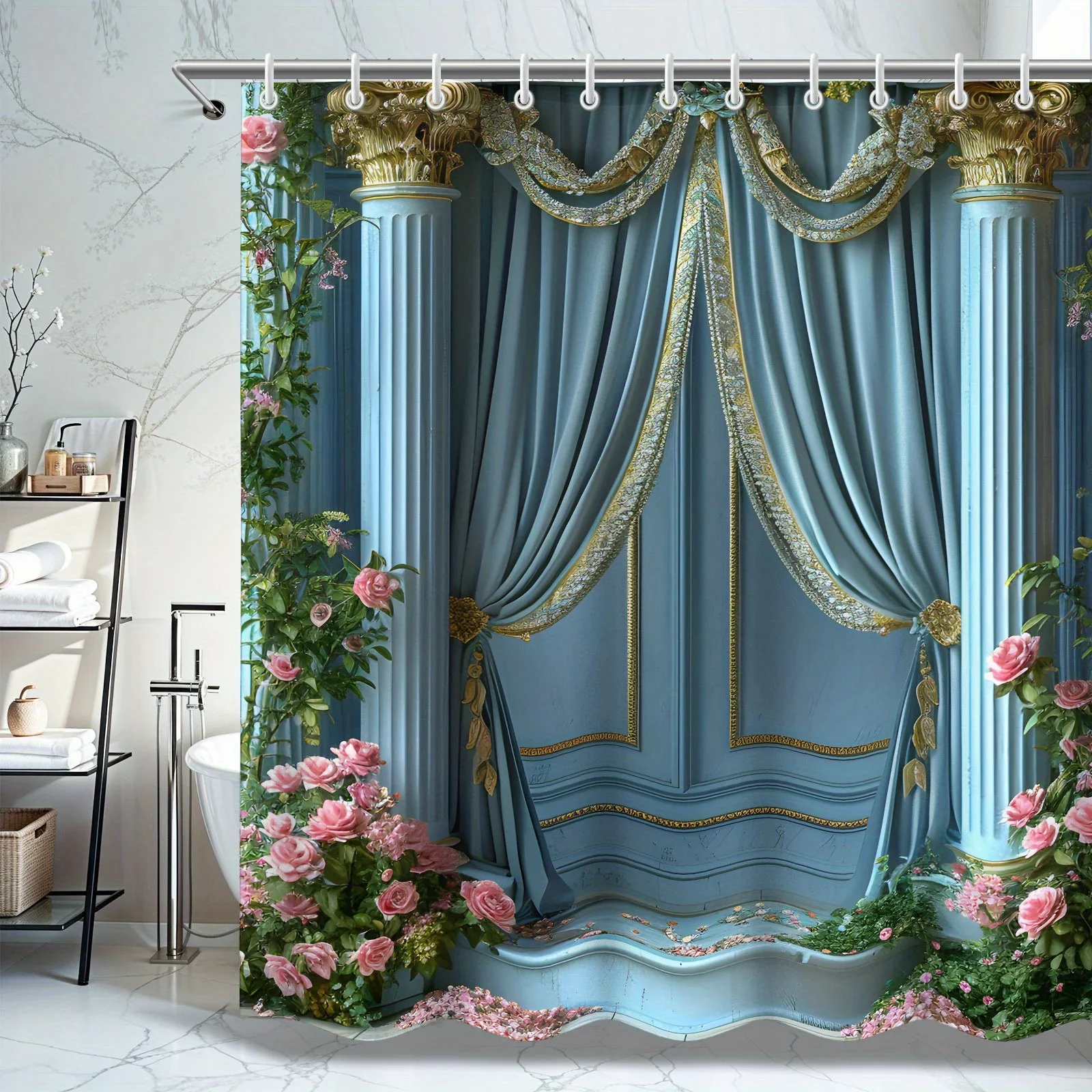 

~O~Blue Flowery Shower Curtain Set - Modern Home Decor, Ideal Bathroom Accessories, Perfect Gift for Family & Friends