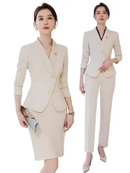 Office Business Women's Suit Pants Two-piece Set 2024 New Spring Autumn Long Sleeve Heart Button Jacket Slim Trousers Skirts