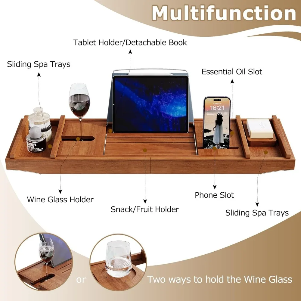 Nampan Bak Mandi Kayu Jati yang Dapat Diperluas dengan Tempat Gelas Anggur & Buku - Rak Mandi Kayu yang Dapat Disesuaikan untuk Pengalaman Spa yang Menenangkan