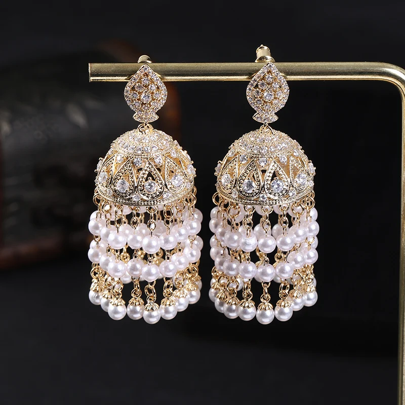 Luxury Retro Ethnic Water Drop Imitation Pearl Women's Cube Oxidation Bridal Banquet Party Earrings E9766