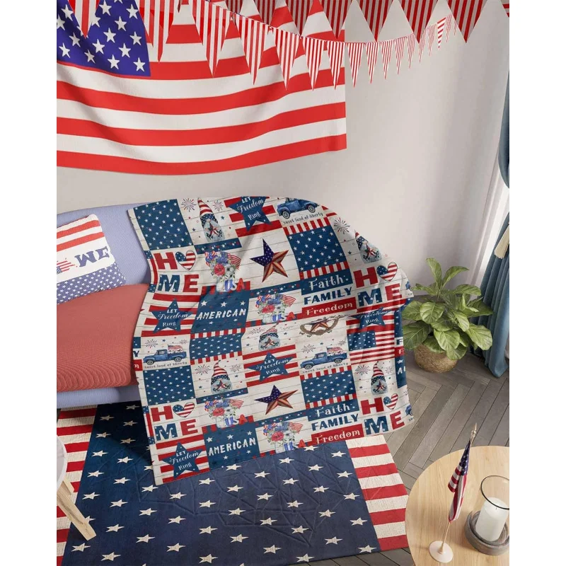 Independence Day Patriotic Blanket, American FlagStar Spangled Banner, Throwing BlanketSoftWarmComfortableRedWhiteBlue Dwarf Bla