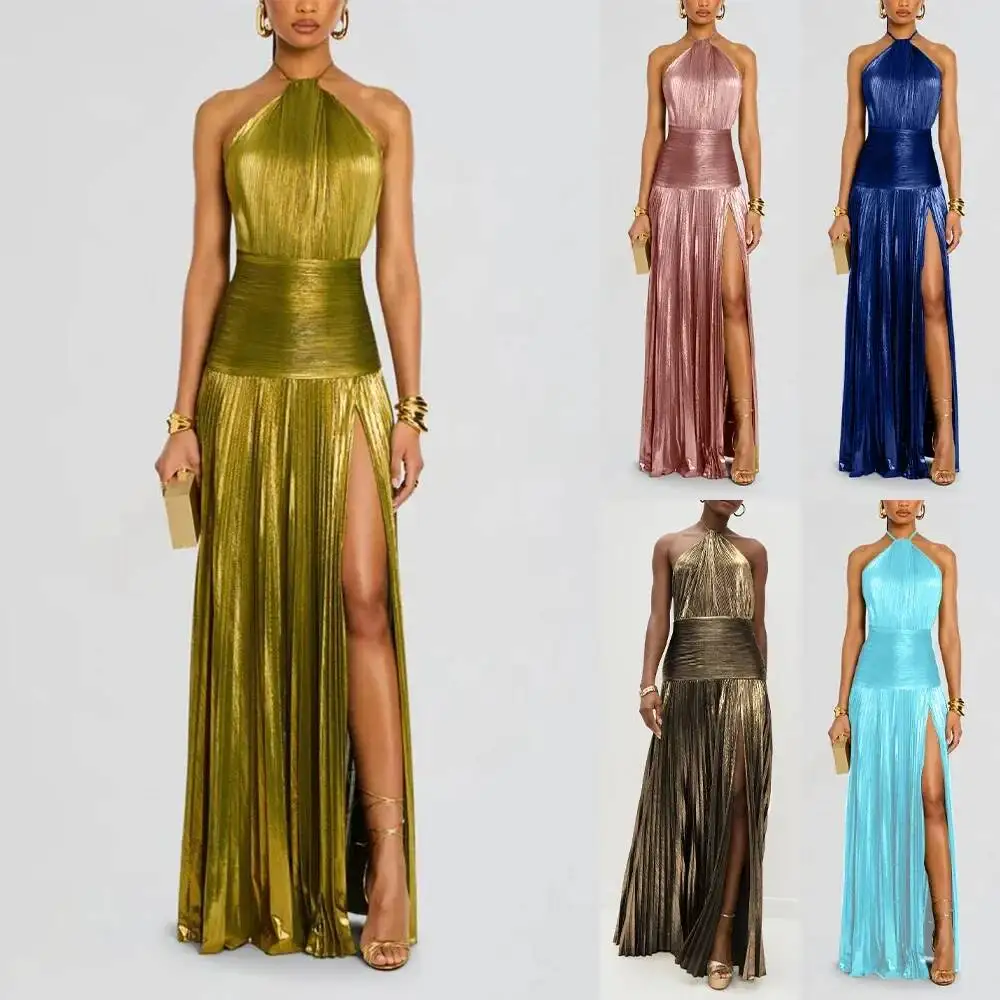 

Gold Halter Neck Evening Dress Woman Chic Solid Color Pleated Backless Package Hip Slit Dress Fashion Trendy Lady Party Vestidos