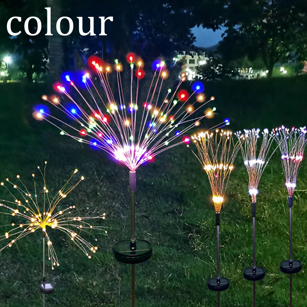 Luz de estaca Starburst de fuegos artificiales alimentada por energía Solar, luz blanca cálida para jardín, iluminación exterior, Multicolor, 150 LED