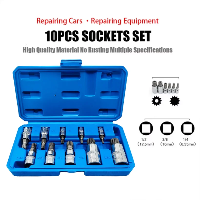 

Professional 10 Pcs Triple Square Spline Bit Socket Set Tamper Proof with Case Automotive Tool Kit High Quality