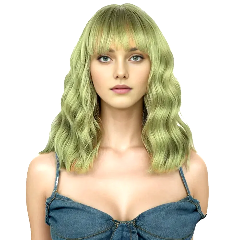 Short Green Gradient With Bangs Everyday Wear For Women High Temperature Silk Cut Naturaly 16inch Sassy Curly Wig